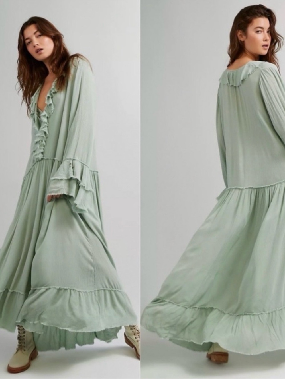 NWT Free People Sage Green Ruffle-Tier Maxi Dress size XS (oversized)